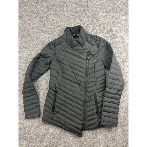 Athleta Jacket Womens XXS Black Down Puffer Moto Asym Zip Quilted Warm Travel - Picture 1 of 6